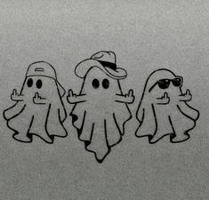 three ghost stickers with sunglasses and hats on their heads are drawn in black ink