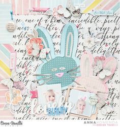 a scrapbook page with an image of a bunny and other things on it, including some