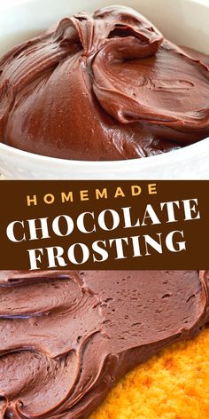 homemade chocolate frosting in a white bowl with text overlay that reads homemade chocolate frosting