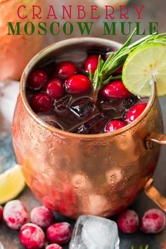 cranberry moscow mule in a copper mug with ice and garnishes