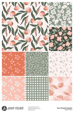 four different patterns with flowers and leaves on them, one in peach, the other in green