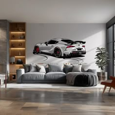 a modern living room with a sports car wall decal in black and white colors