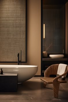 a large white bath tub sitting next to a wooden chair in a room with brown walls