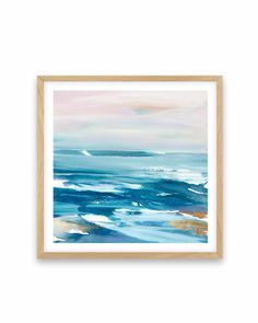 an abstract painting with blue, pink and white colors on the water in a wooden frame