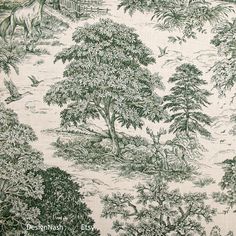 a large green and white wallpaper with trees, bushes and animals in the background