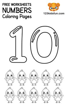 the number ten coloring page with an image of numbers and birds for children to color