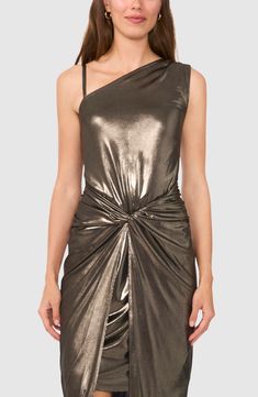 Sparkle and shine at your next soirée in this metallic midi dress designed with a one-shoulder silhouette and a twisted overlay in front. 37 1/2" length Hidden back-zip closure One-shoulder neck; adjustable strap Front split hem Lined 92% polyester, 8% spandex Machine wash, dry flat Imported Designer Midi Dresses, Twist Front, Sparkle And Shine, Split Hem, Nordstrom Rack, Designer Dresses, One Shoulder, Split, Midi Dress