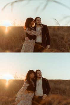 two people standing in tall grass with the sun setting behind them and one person holding his arm around the woman's shoulder