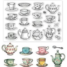 a stamp with tea cups and saucers on it