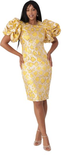 Chancele 9746 yellow brocade dress Brocade Designs Dresses, Brocade Dress Styles, Nigerian Style, Yellow Gold Dress, Ruffle Dresses, Brocade Dress, African Print Dress Designs, Denim Maxi Dress, Gold Brocade