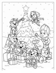 paw patrol christmas tree coloring page with puppies and presents in front of the dog house