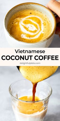 a person pouring coffee into a cup with the words vietnamese coconut coffee on top and below