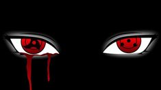 red eyes with blood dripping down the side of their irises, on a black background