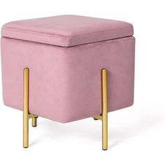 a pink ottoman with gold legs and a square foot rest on the bottom one side