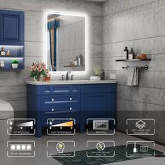 a bathroom with blue cabinets and lights on the mirror above it is shown in this image