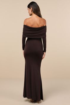 A night of adoration comes easy when you slip on the Lulus Effortlessly Stunning Dark Brown Off-the-Shoulder Maxi Dress! Slinky and stretchy jersey knit shapes an elasticized, off-the-shoulder neckline and a foldover bodice that boasts ruching at the shoulders as it overlays long fitted sleeves. High, fitted waist sits atop a figure-flaunting mermaid skirt that falls to an elegant maxi hem. Fit: This garment fits true to size. Length: Floor length. Size medium measures 53" from top to bottom. Bu Brown Long Dress, Fitted Sleeves, Mermaid Skirt, Strapless Bra, Trending Dresses, Stretchy Fabric, Knit Jersey, Floor Length, Dark Brown