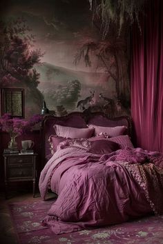 a bed with purple sheets and pillows in front of a painting on the wall behind it