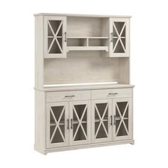 a white cabinet with glass doors and drawers