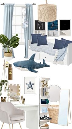 Blue Wall Bedroom Decor Ideas, Costal Bedroom Idea Teen, Beach Blue Bedroom, Mama Mia Inspired Bedroom, Costal Bedroom Design, Ocean Room Ideas Bedrooms, Ocean Room Theme, Temu Room Decor, Sea Salt Sand Room