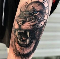 a man with a tattoo on his arm has a wolf face and clock in the background