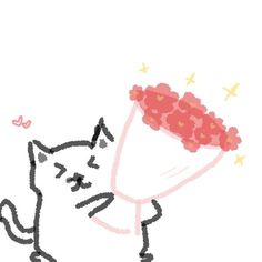 a drawing of a cat holding a bunch of flowers in its mouth and looking at it's face