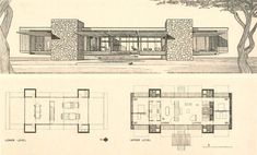 two drawings of the same house, one with an open floor plan and one with a living area