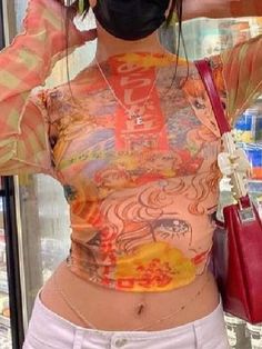 ⚡️Buy Anime Printed Long Sleeve Mesh Crop Top Orange S under $15.00 in Tops&Tees Online. Style: Street, Sweet. Color: Orange. Fabric Content: Polyester, Cotton. Fit Type: Slim fit. Neckline: Crew Neck. Sleeve Length: Long Sleeve. The featured orange mesh top is the color of summertime! With a cropped length, stitched detail, and checkered anime pattern all around to look cute on hot days.. {{variant.attr_product_promo}}. Check reviews and order Anime Printed Long Sleeve Mesh Crop Top today. Crop Top Aesthetic, Anime Pattern, Tøp Aesthetic, Mesh Tops, Mesh Crop Top, Slim Fit Top, Orange Fabric, Cropped Tops, Vintage Grunge