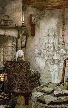 a drawing of a man sitting in a chair next to a fireplace with a clock on the wall