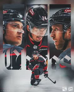 the hockey players are all wearing black and red uniforms with numbers on each side of their faces