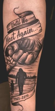 a man with a tattoo on his leg that says until we meet again