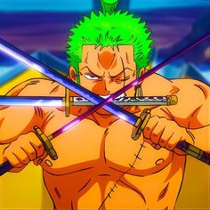 an anime character with green hair holding two swords