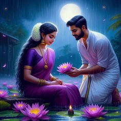 a man and woman sitting next to each other in front of water lilies with the moon behind them