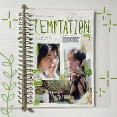 an open spiral notebook with photos and words on the cover that read,'temptation '