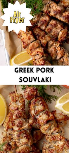 greek pork souvlaki with lemons and herbs on the side, next to an image of chicken skewers