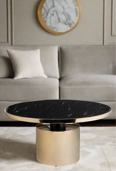 black marble top round modern coffee table in gold Black And Gold Coffee Table, Gold Coffee, Big Table, Gold Coffee Table, Metal Coffee Table, Marble Coffee Table, Glass Marbles, Marble Print, Decorative Accents