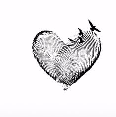 a fingerprint in the shape of a heart with two birds flying over it,