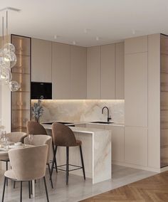 a modern kitchen with marble counter tops and bar stools next to the dining room table