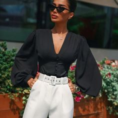 Slim Blouse, Lantern Sleeved Blouses, Top Shirt Women, Puff Sleeve Blouse, Puffy Sleeves, Tops Fall, Lantern Sleeve, V Neck Blouse