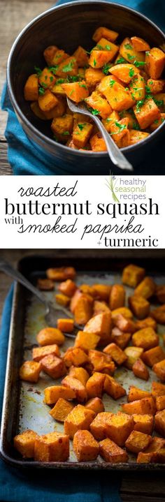 sweet butternut squash with parsley in a skillet and on a blue towel