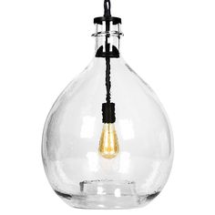 a clear glass hanging light fixture with a black cord and an orange light bulb in the center