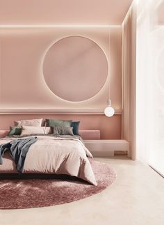 Pink monochrome bedroom with indirect lighting Beautiful Bedroom Designs, Round Bed, Pink Bedrooms, Pink Bedroom, Kid Room, Pink Walls