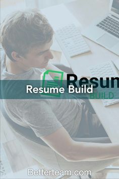 a young man sitting at a desk in front of a laptop computer with the words resume build on it