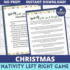 the christmas nativity let right game is shown in blue and green with an image of a