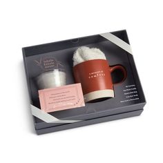 Boxed gift set, ready to give, beautifully packaged with sentimentMoment of Comfort gift set includes mug with debossed sentiment, cozy socks, and jar candleA Moment of Comfort, in shades of coral and ivory; Mug holds 14 ounces, is safe for mw/dwSocks - one size fits most adults, washableCashmere aroma candle burns for 20 hours, a warm scent of golden amber, vanilla, musk and cedarwood.Box with lid includes sentiment insert cardA gift you can send directly to the recipientInhale. Exhale. RepeatB Gift Set Packaging, Candle Gift Box, Comfort Gifts, Aroma Candle, Happy Gifts, Small Candles, Cozy Gift, Hand Crafted Gifts, Sock Gifts