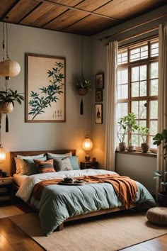 a bed sitting in a bedroom next to a window with plants on the wall above it