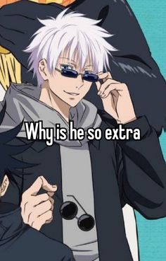 an anime character with white hair and glasses is looking at the camera while another man in black