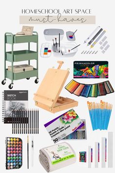 an assortment of art supplies including paint, pencils and markers