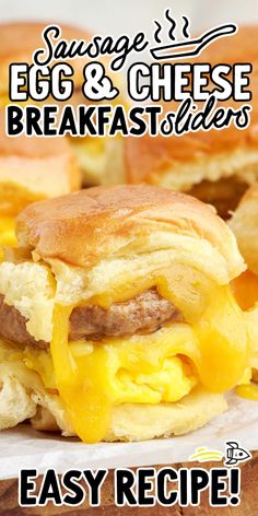 an egg and cheese breakfast sandwich is shown with the words, easy recipe for eggs and cheese