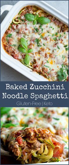 baked zucchini noodle spaghetti in a white casserole dish with basil