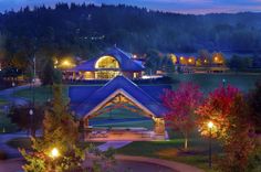 an aerial view of a resort at night with lights on and trees in the foreground